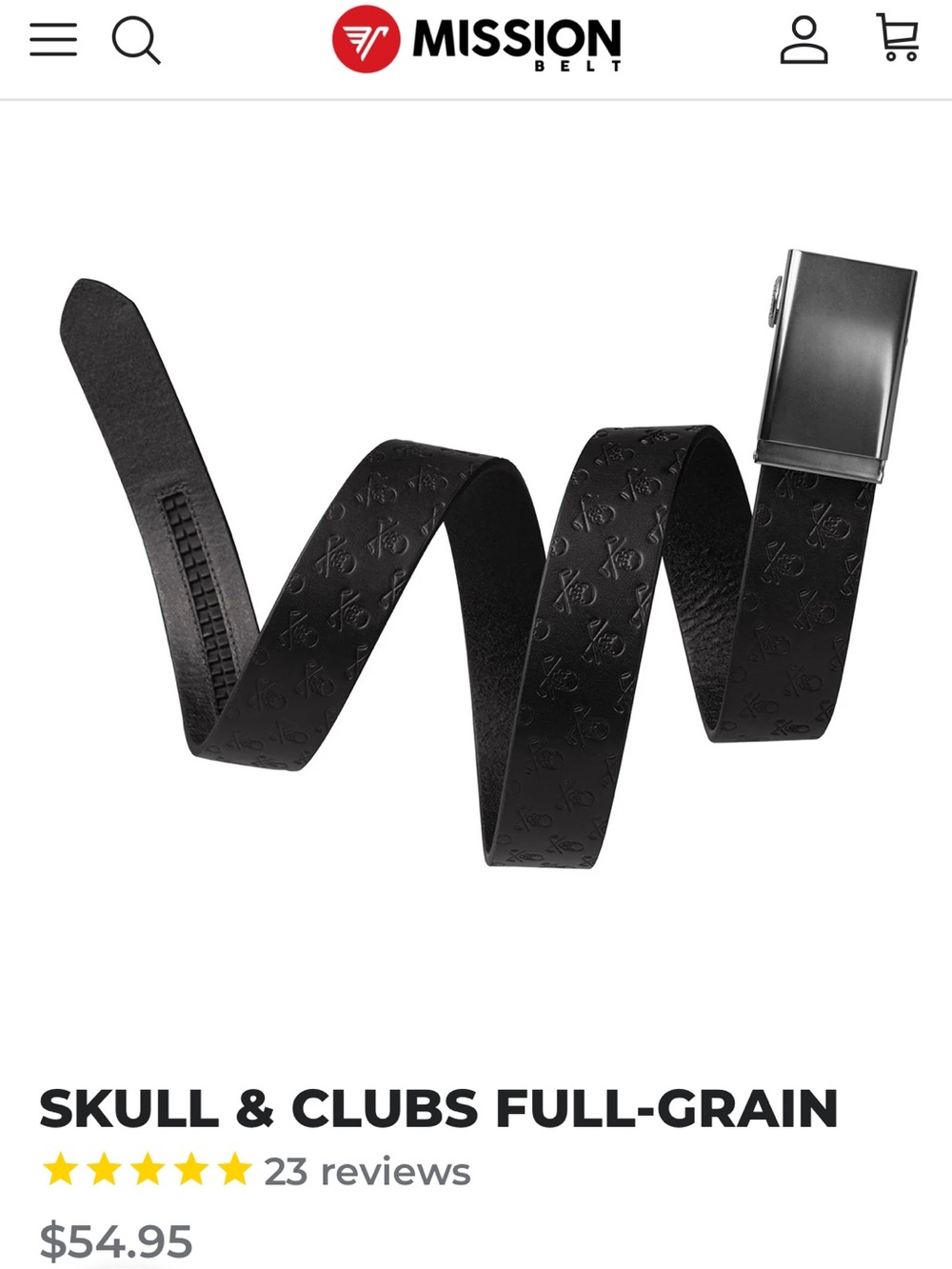 Mission full grain leather golf club and skulls belt black